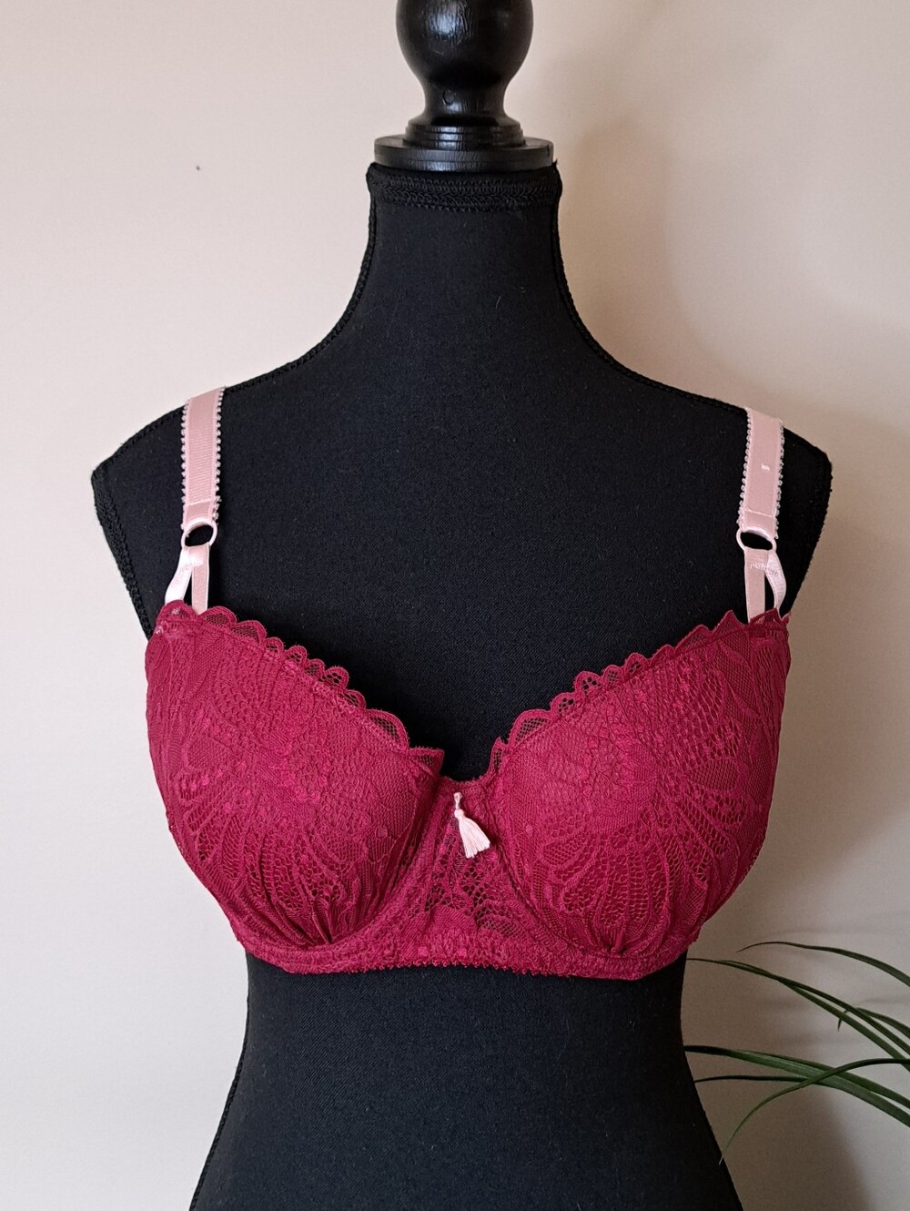 Deesse Lingerie Burgundy Lace Bra with Pink Straps Size 38C Underwire Feminine